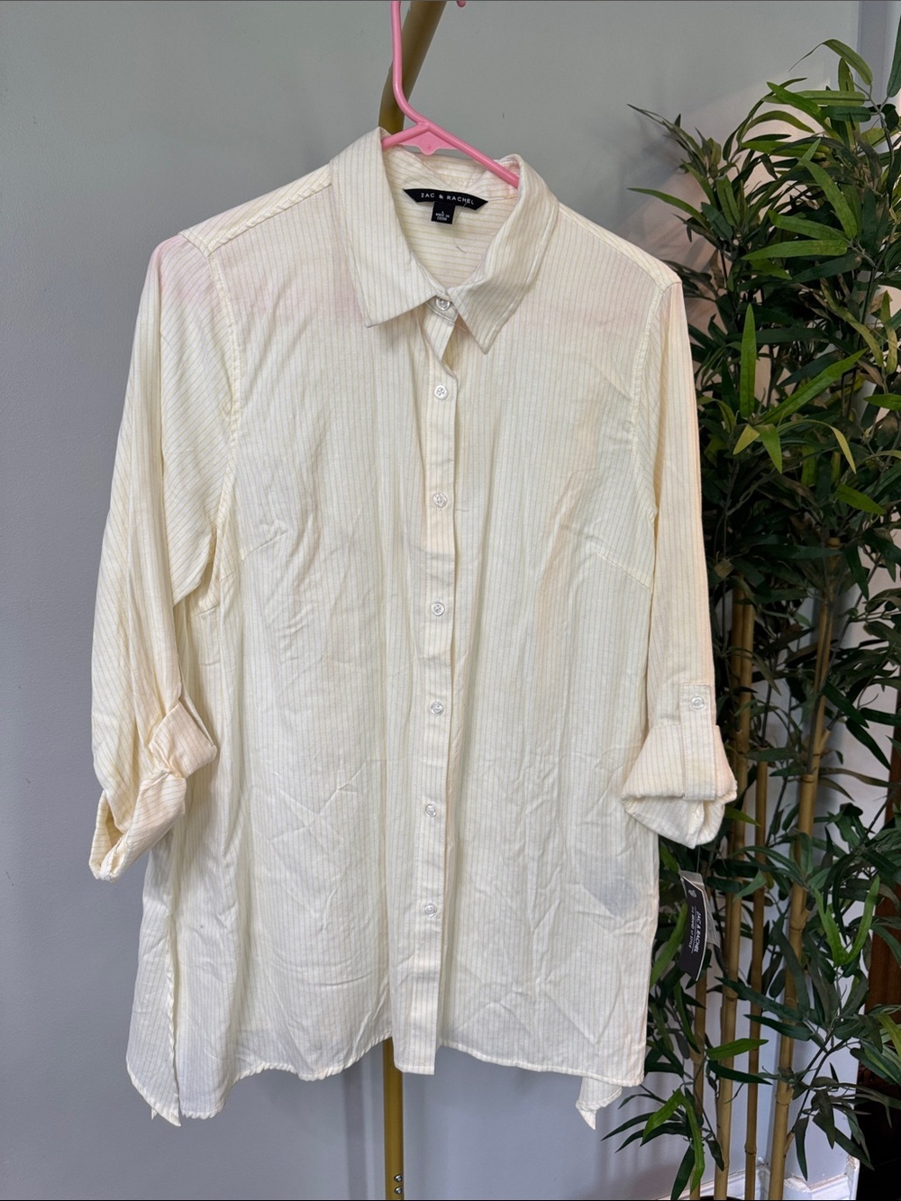 Zac & Rachel yellow striped Button-Down tunic Shirt NWT L